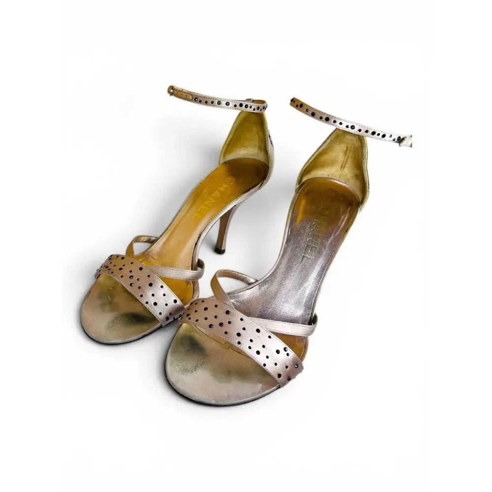 Chanel Crystal Camellia Satin Strass Ankle Strap Heels Champagne Gold EU 36.5